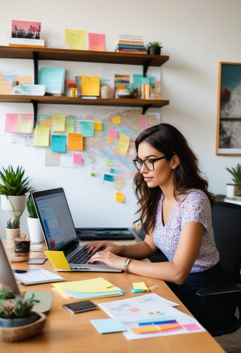 A confident blogger sitting at a sleek desk with a laptop open, navigating various vibrant websites on the screen, surrounded by colorful sticky notes and resources, illuminated by a warm light. In the background, shelves filled with books on blogging and technology, a world map on the wall symbolizing global connectivity. super-realistic. vibrant colors. cozy atmosphere.