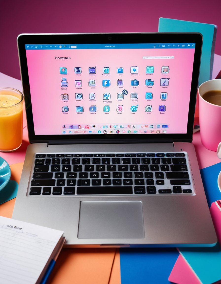 A vibrant, colorful collage of various popular website icons such as blogs, educational platforms, and social media, elegantly arranged on an open laptop with a glowing screen. Surround the laptop with stylish notepads, coffee cups, and pens to symbolize blogging creativity. Include a lightbulb above the laptop to represent bright ideas and tips. The background should be a soft gradient to enhance focus on the laptop and elements. digital art. vibrant colors. clean layout.