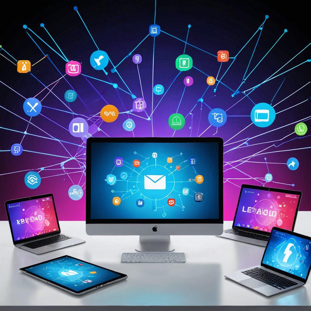 A dynamic collage showcasing various digital devices like laptops, tablets, and smartphones displaying vibrant graphs and ratings. The background features a futuristic online marketplace with interconnected social media icons and user reviews floating in the air. Add a sense of exploration with a person navigating through digital realms. super-realistic. vibrant colors. 3D.